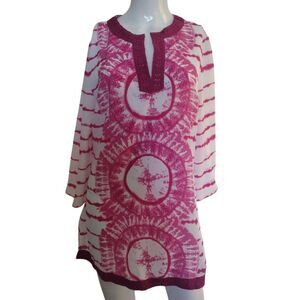 Hot‎ in Hollywood Tunic Women 10 Fuchsia All Over Print Pleated Sleeve Crochet